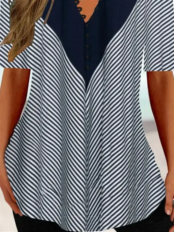 Women's Half Sleeve V-neck Striped Tops
