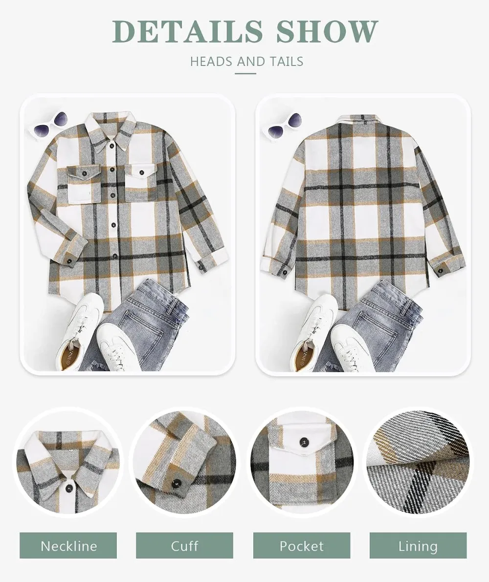 Women's Flannel Plaid Shacket Long Sleeve Button Down Chest Pocketed Shirts Jacket Coats