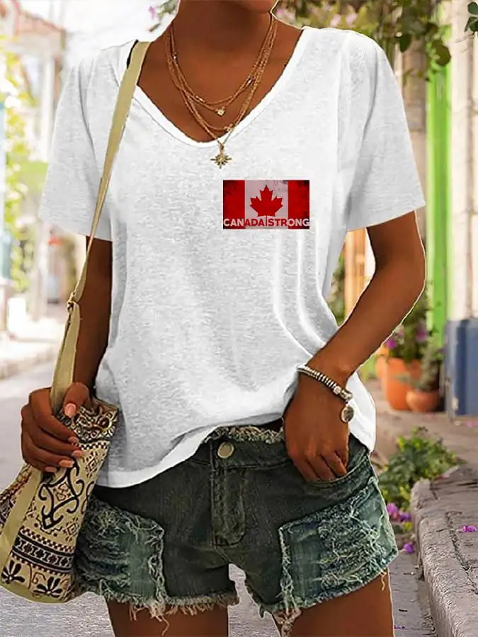 Women's Canada Strong Flag Print V-Neck T-Shirt