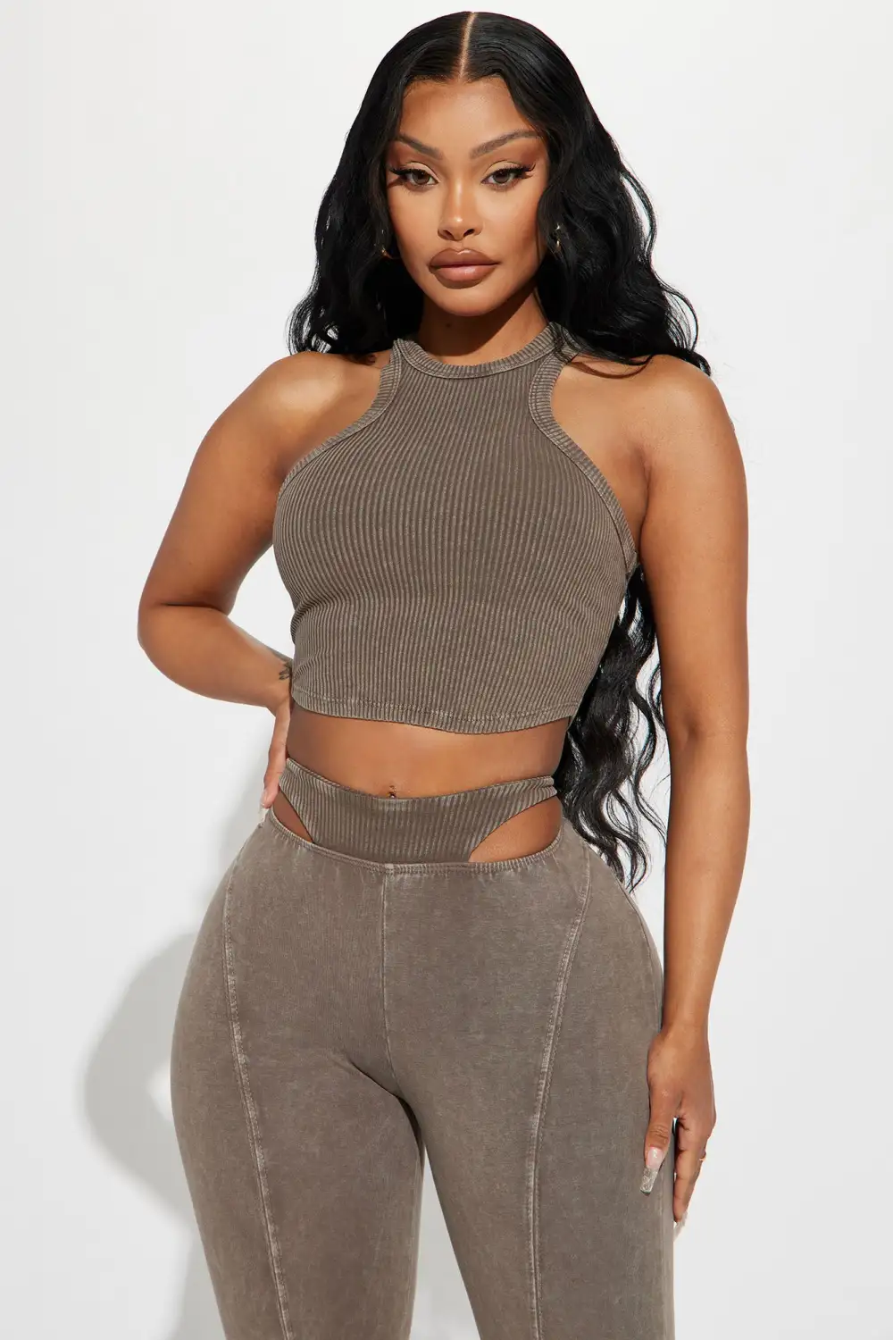 Pixie Mineral Wash Pant Set - Brown