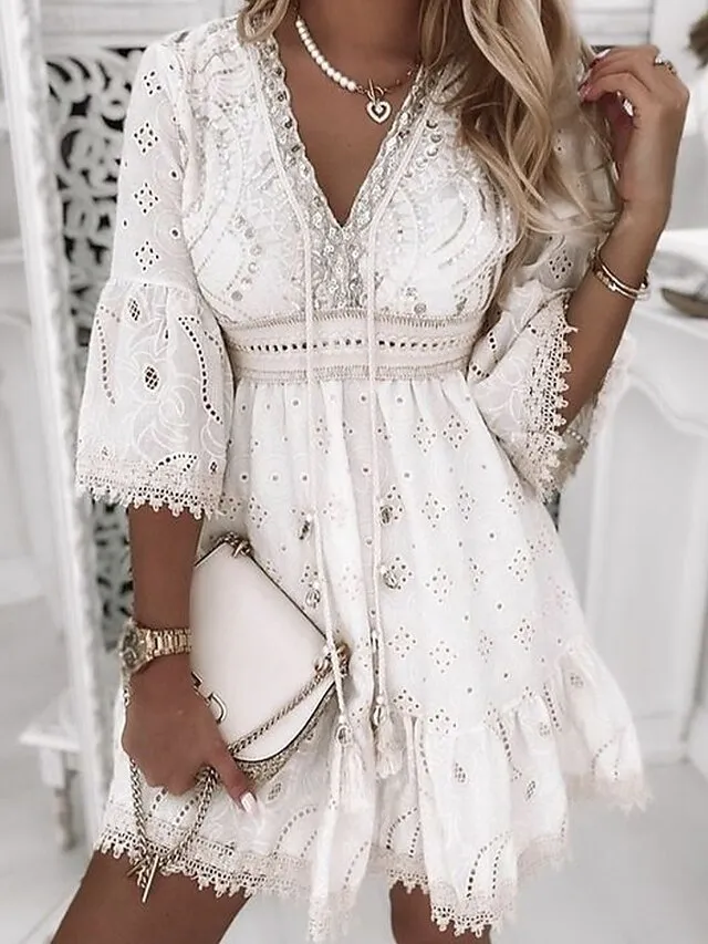 Women‘s Party Dress Casual Dress Lace Dress Mini Dress White Beige 3/4 Length Sleeve Embroidery Ruched Summer Spring Fall V Neck Fashion Wedding Summer Dress Office 2023 S M L XL 2XL 3XL