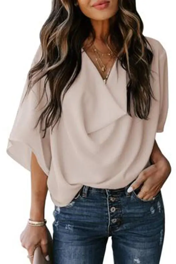 Solid Draped V-neck Half Sleeves Casual Blouse
