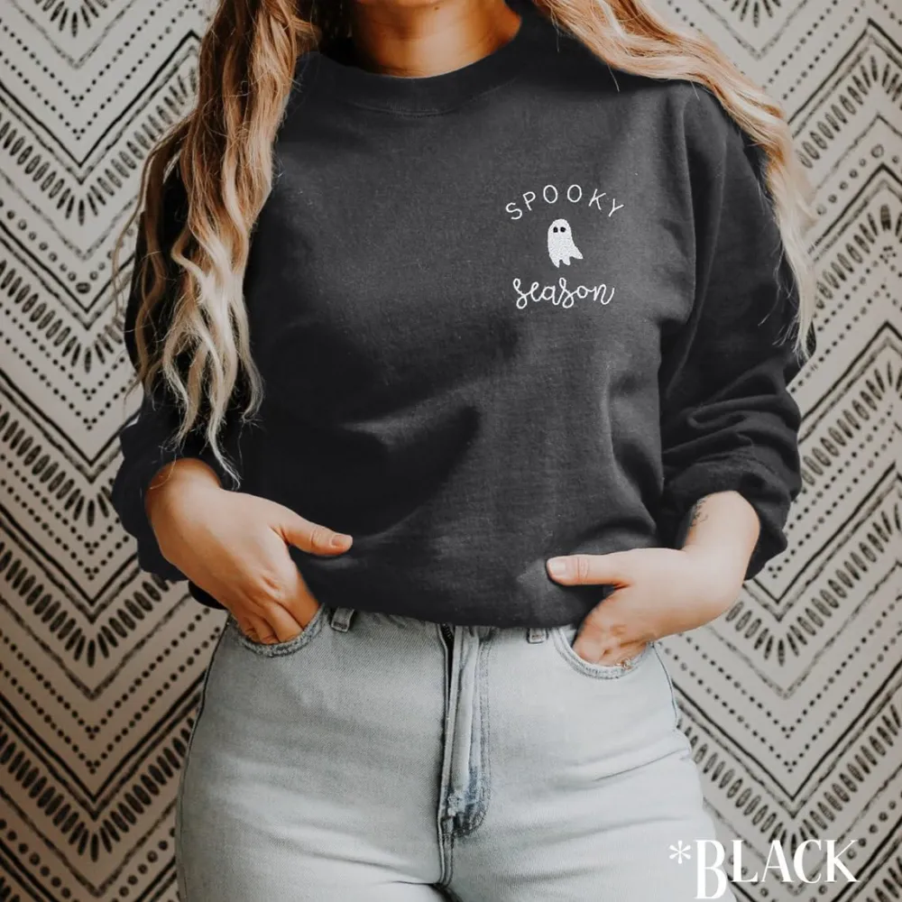 LOTUCY Halloween Sweatshirt Women Cute Spooky Season Sweatshirts Ghost Fall Embroidered Sweater Pullover Top