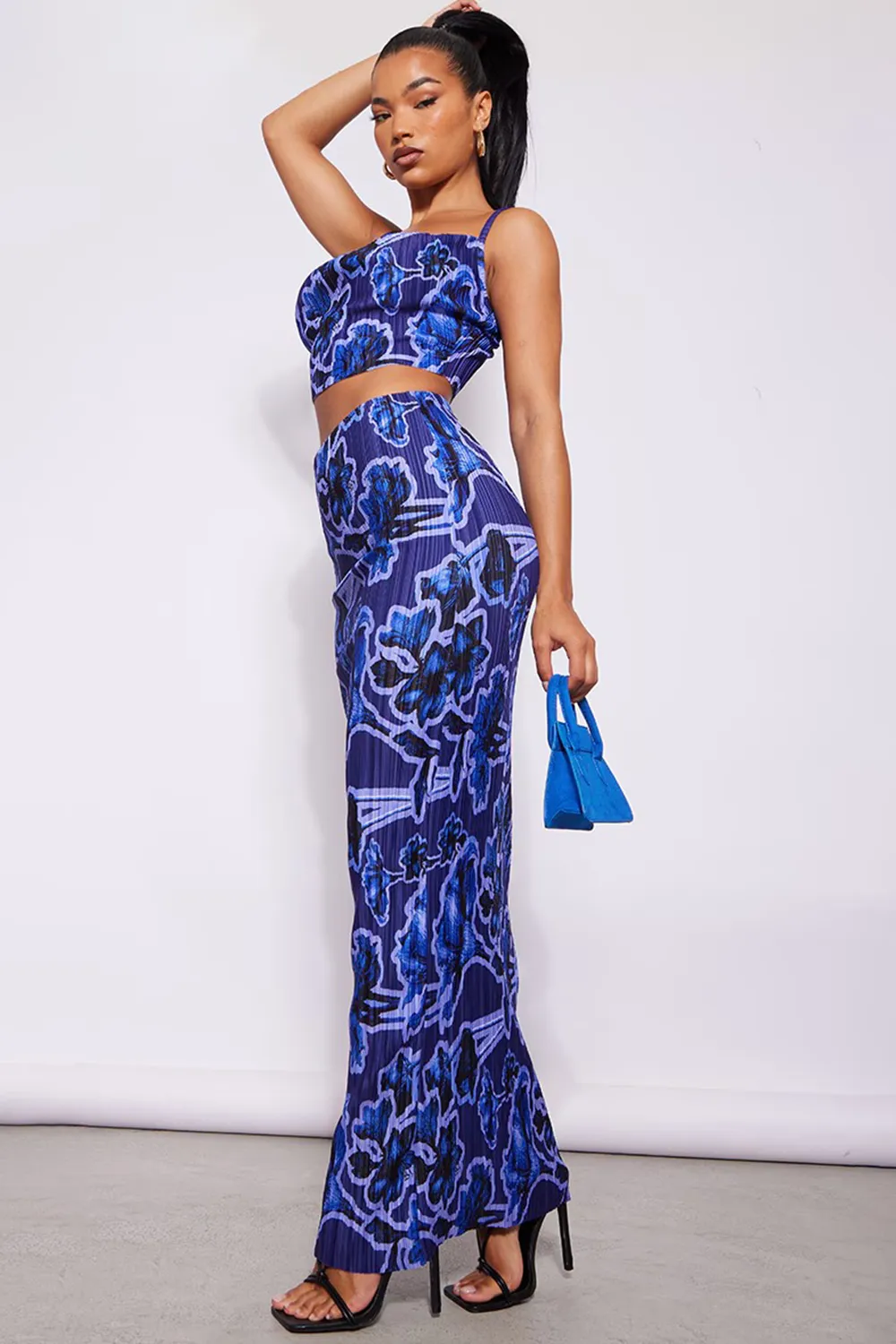 Blue Print Plisse Strappy Cowl Neck Top And Skirt Set
