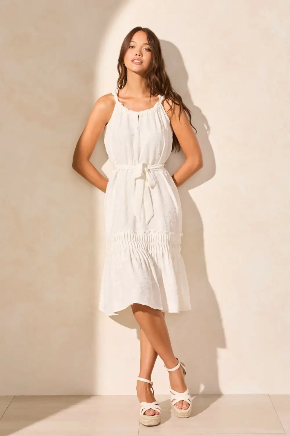 Tie-Front Pleated Sleeveless Scoop Neck Dress-White