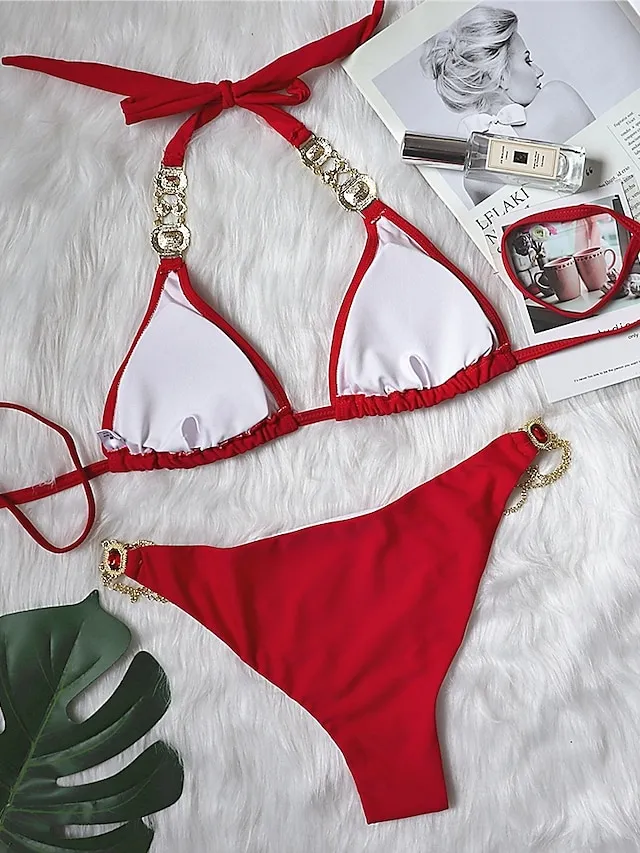 Women's Swimwear Bikini 2 Piece Normal Swimsuit Glitter Solid Color Black White Yellow Red Blue Plunge Bathing Suits Sexy Vacation Fashion