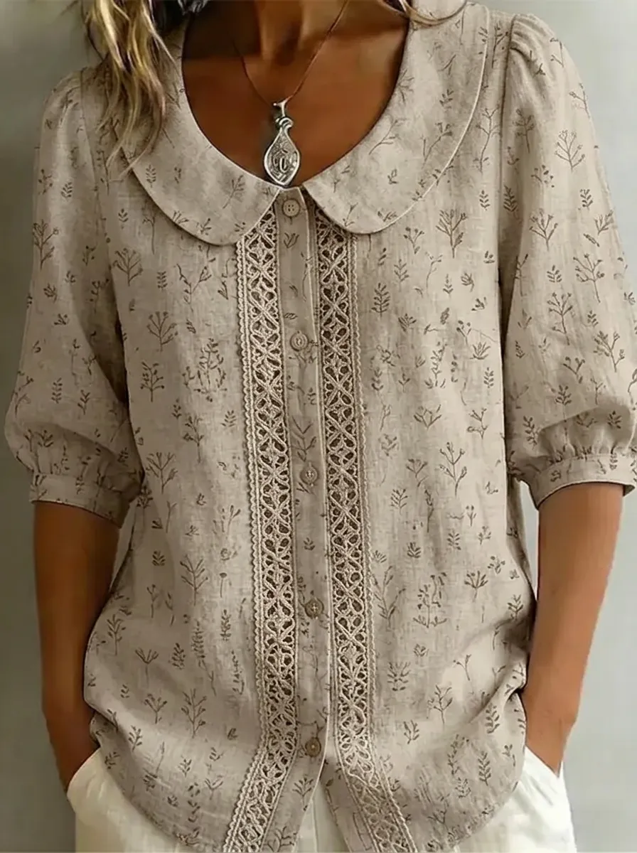 Women's Nashville Botanical Lace Trim Printed Linen Blouse