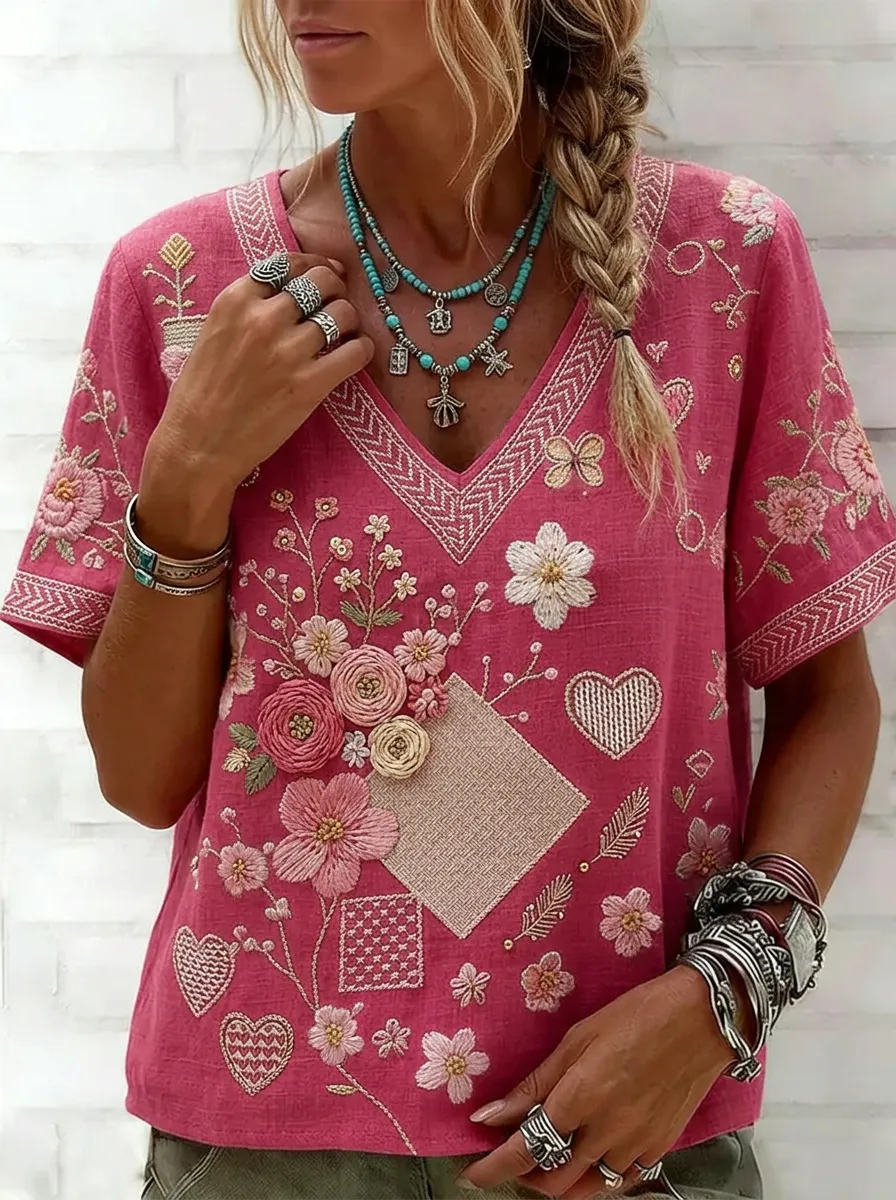 Women's Nashville Floral Heart Embroidered Printed Top