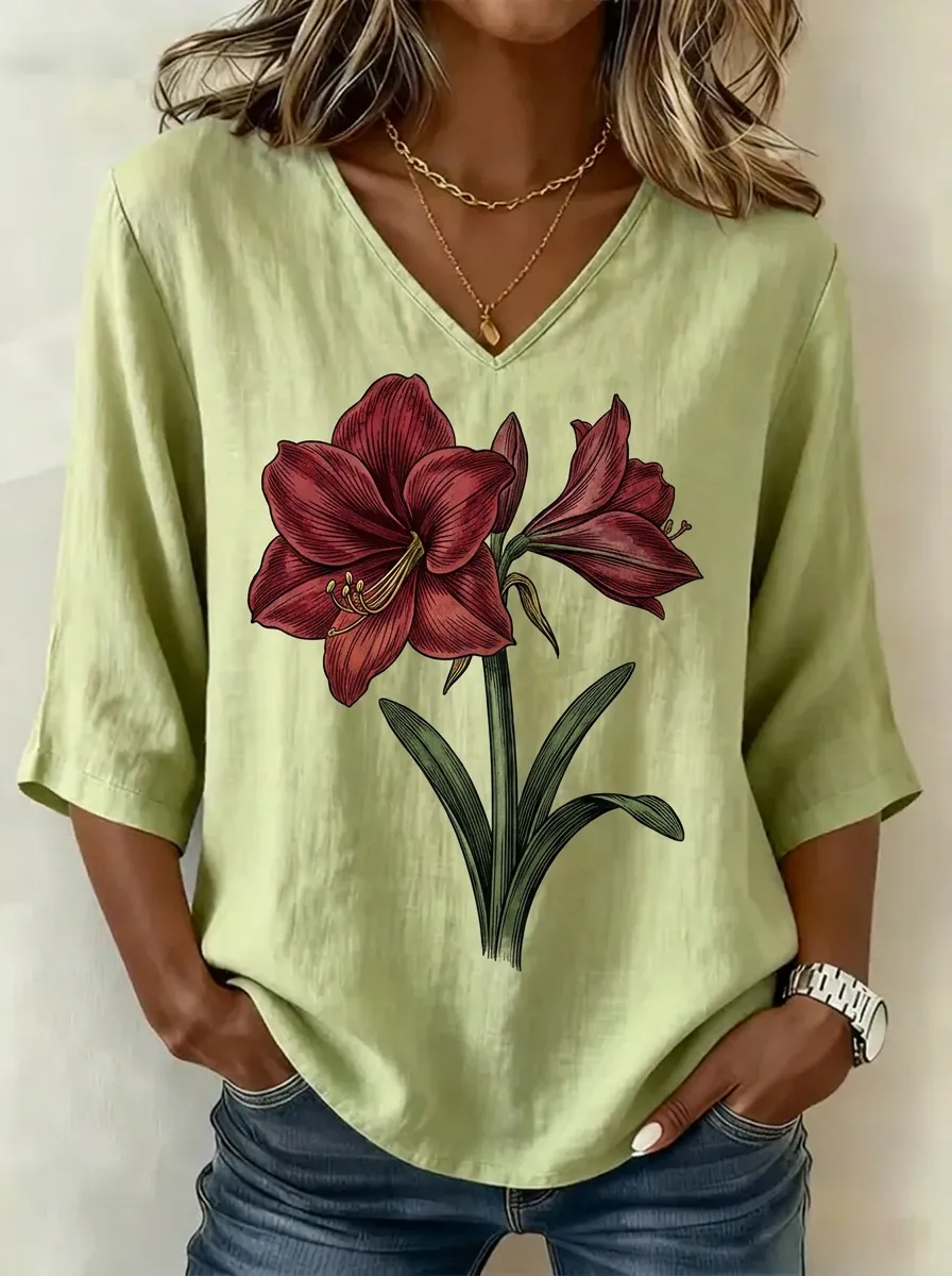 Women's Nashville Lover Amaryllis Flower Printed V-neck Top