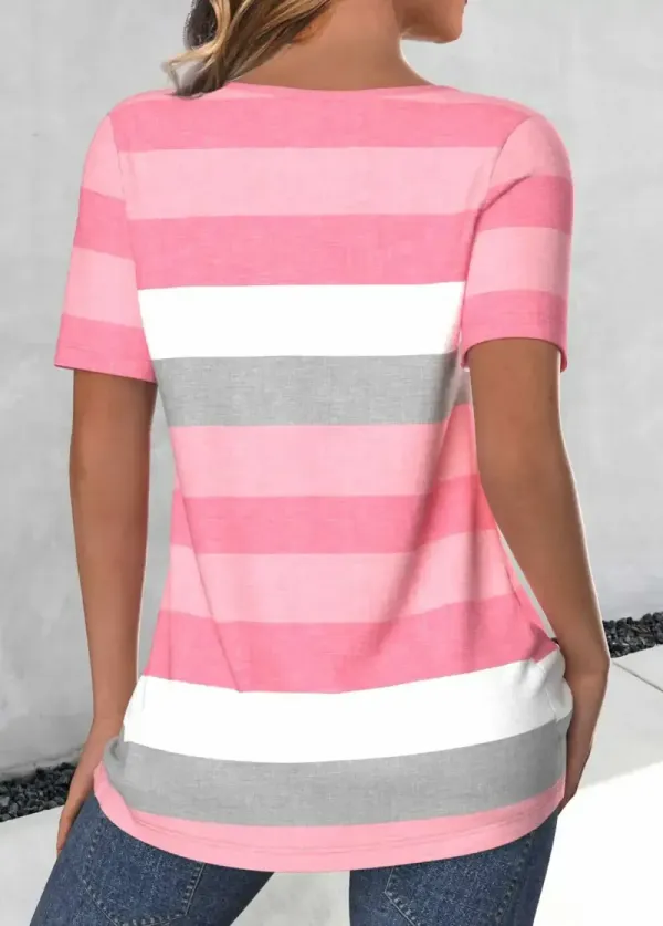 Light Pink Button Striped Short Sleeve T Shirt