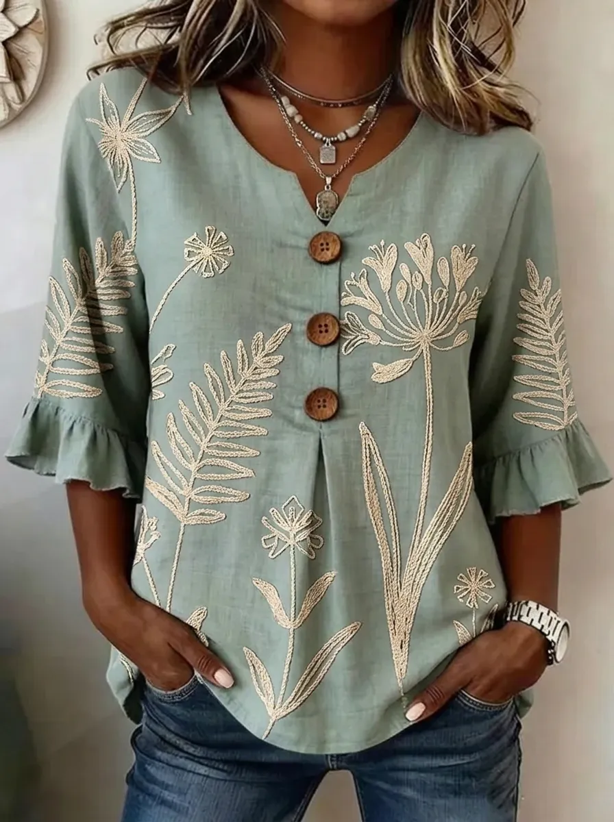 Women's Nashville Floral Botanical Embroidered Buttoned Top