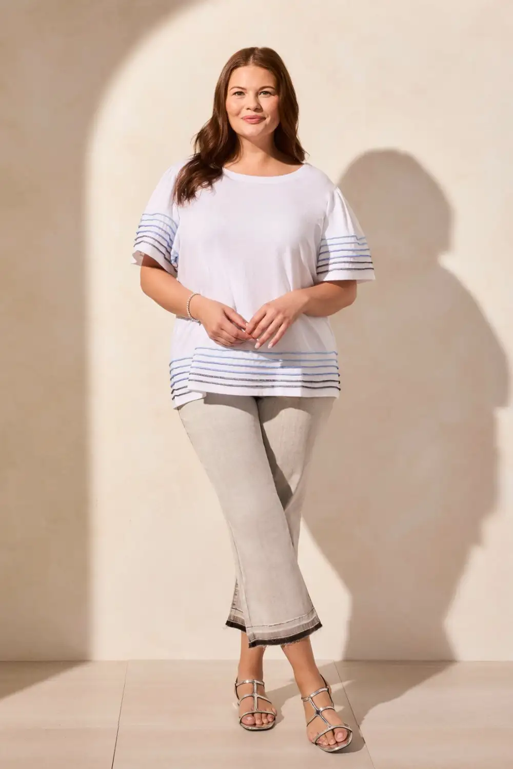 Stripe-Accent Boatneck Top With Contrast Stitching-White