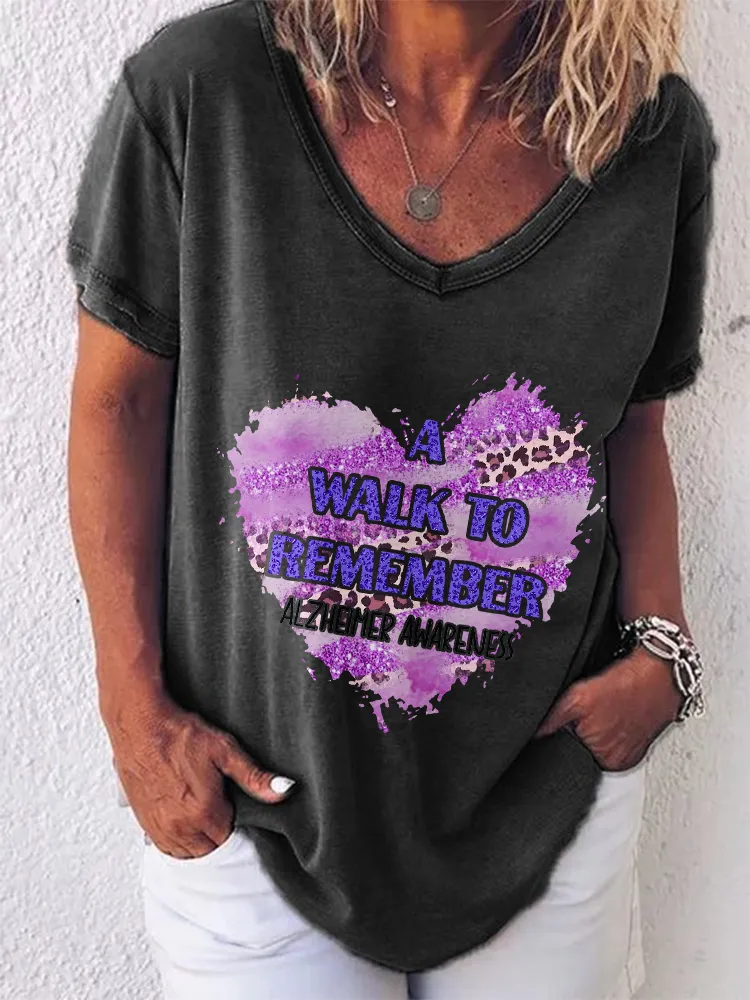 Women'S V-Neck Short-Sleeved T-Shirt A Walk To Remember Alzheimer'S Awareness Prints