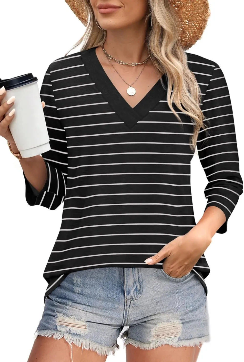 ⏰Hot Sale-Women's V Neck 3/4 Long Sleeve Tops Loose Fit Blouse