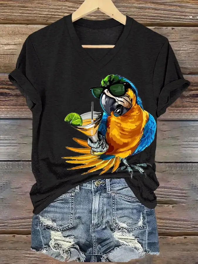 Women's Funny Drinking Parrot Print T-Shirt