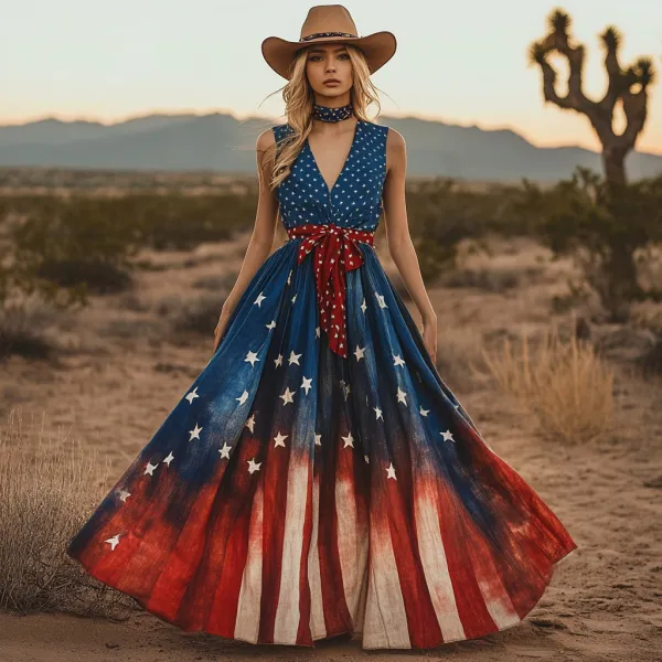Women's Vintage Independence Day Flag Gradient Graphics Sleeveless Casual Maxi Dress