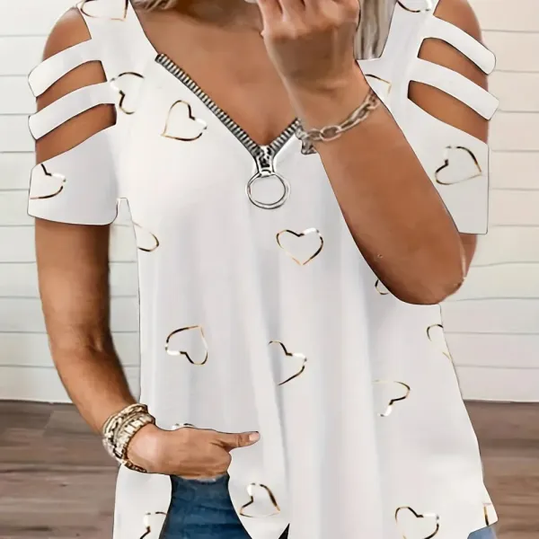 Plus Size Heart Print Zipper Short Sleeve Top, Women's Plus Slight Stretch V Neck Casual T-shirt