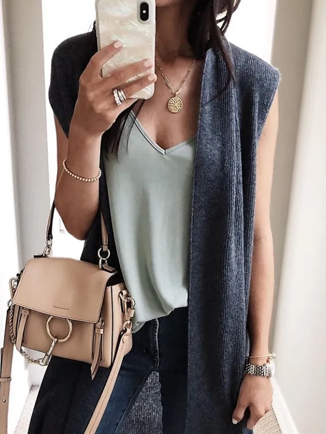 Women's Cardigan Knitted Solid Color Basic Casual Sleeveless Regular Fit  Cardigans Open Front Spring Summer Red Wine Dark Blue Orange / Going out