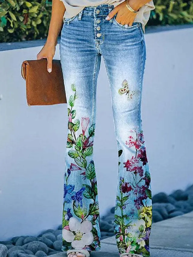 Women's Jeans Bootcut Flared Pants Full Length Faux Denim Print High Elasticity High Waist Fashion Streetwear Casual Daily 1 2 S M Fall & Winter