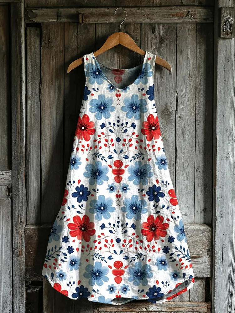 Vintage Loose Independence Day American Floral Patriotic Fourth Of July Art Linen Tank Dress