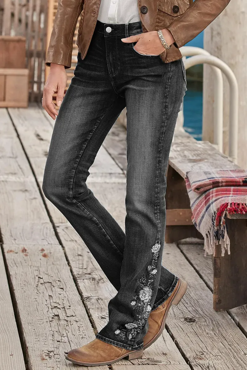 Floral Embroidery Mid Waist Bootcut Jeans