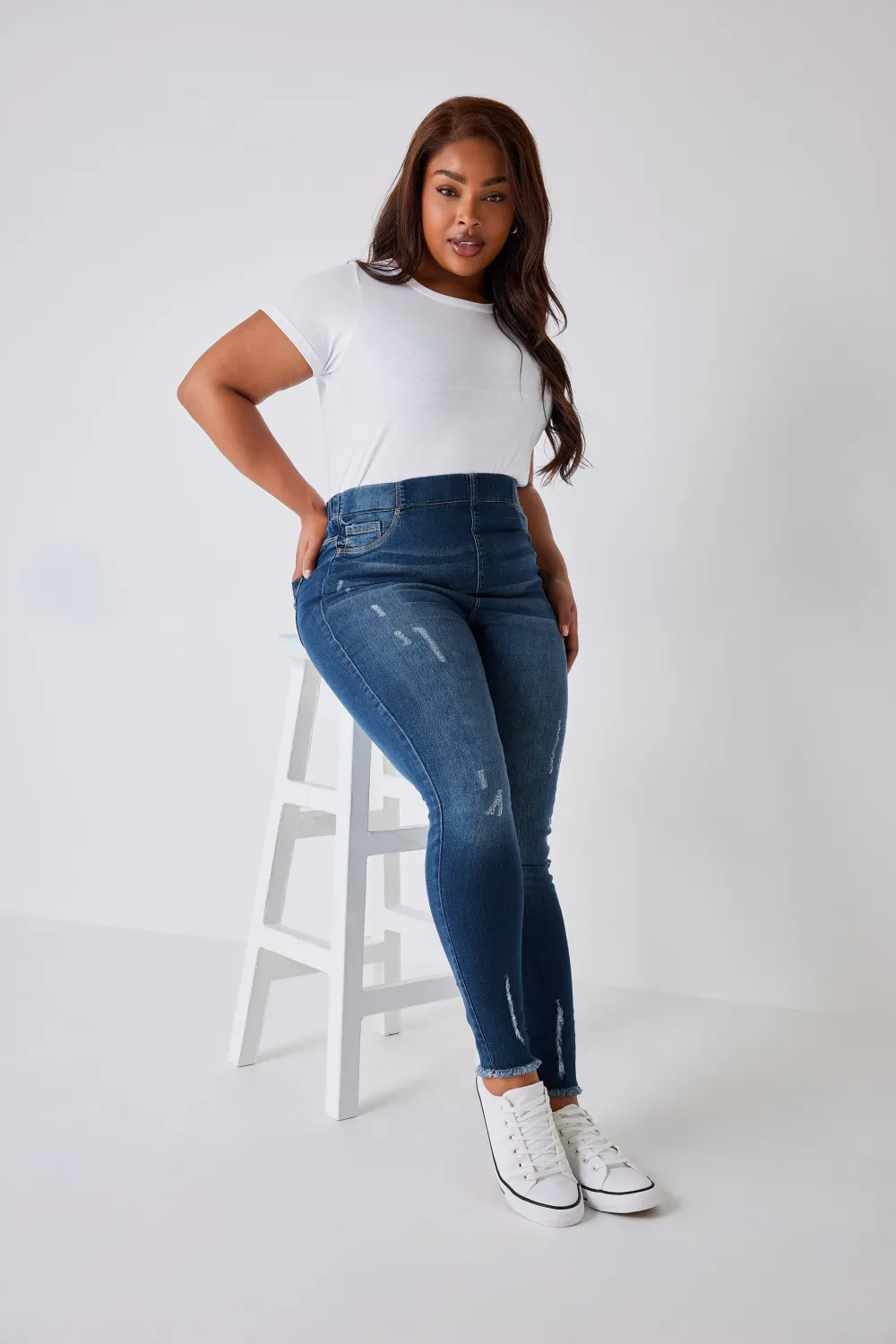 YOURS FOR GOOD Curve Indigo Blue Distressed Cat Scratch Stretch JENNY Jeggings