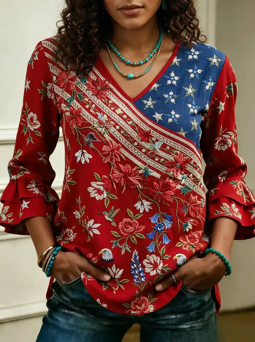 Women's Nashville Floral Eagle Star Printed V-neck Top