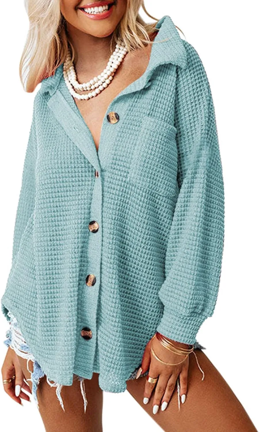 Womens Waffle Knit Button Down Shirts Casual Long Sleeve Shacket Jacket Boyfriend Tops Blouses Loose Fit