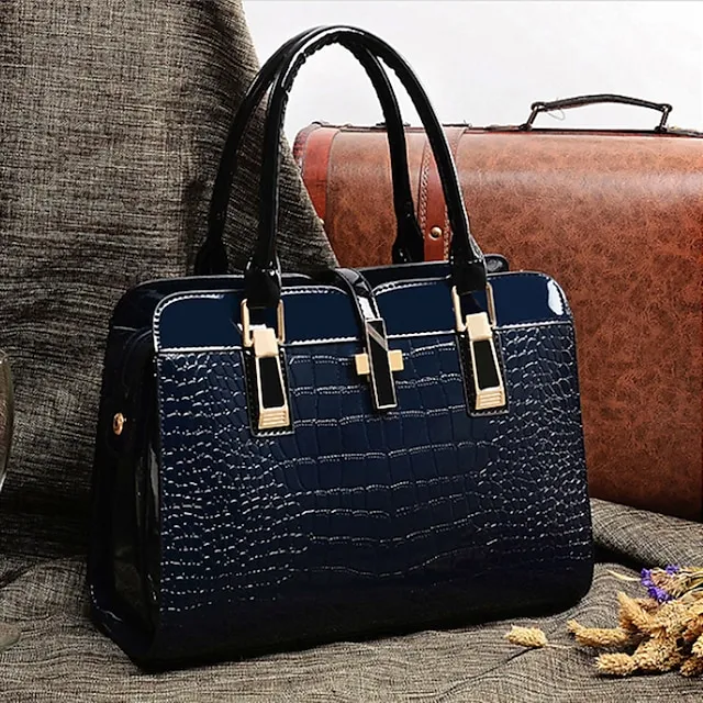 Women's Handbag Satchel Top Handle Bag Patent Leather PU Leather Office Office & Career Solid Color Crocodile Wine Black Blue