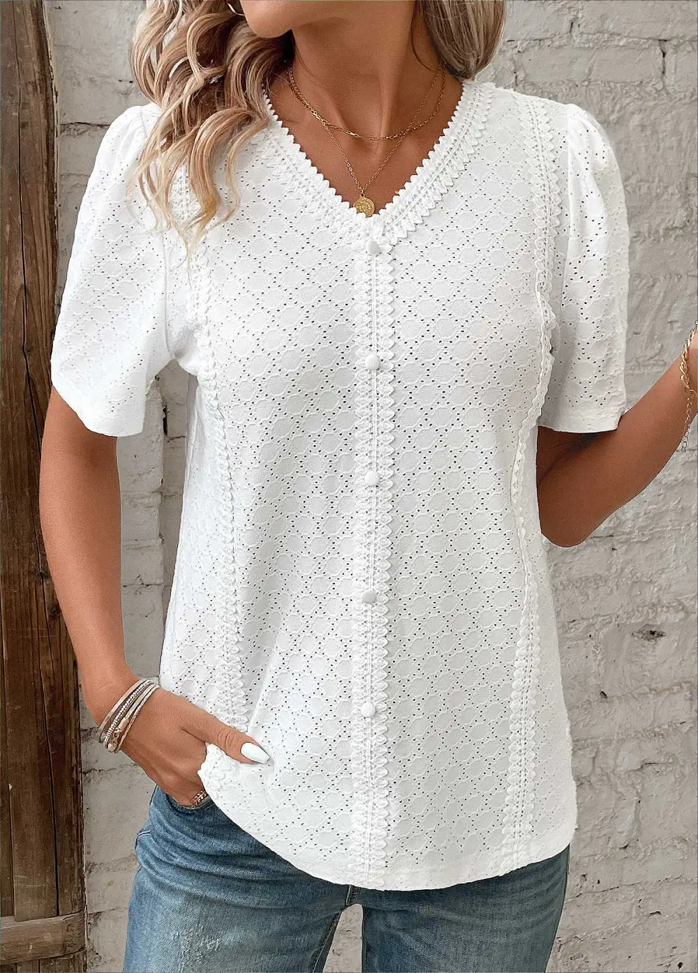 White Patchwork Short Sleeve V Neck Blouse
