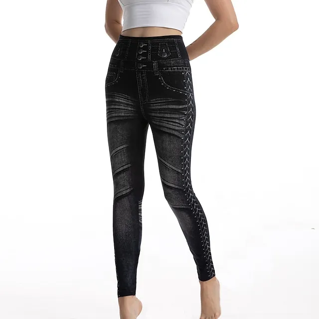 Women's Tights Pants Trousers Full Length Faux Denim Stretchy High Waist Fashion Casual Weekend Black Blue S M