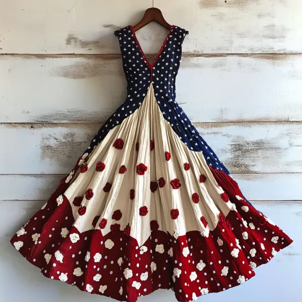 Women's Vintage Independence Day Flowers Art Linen Midi Dress