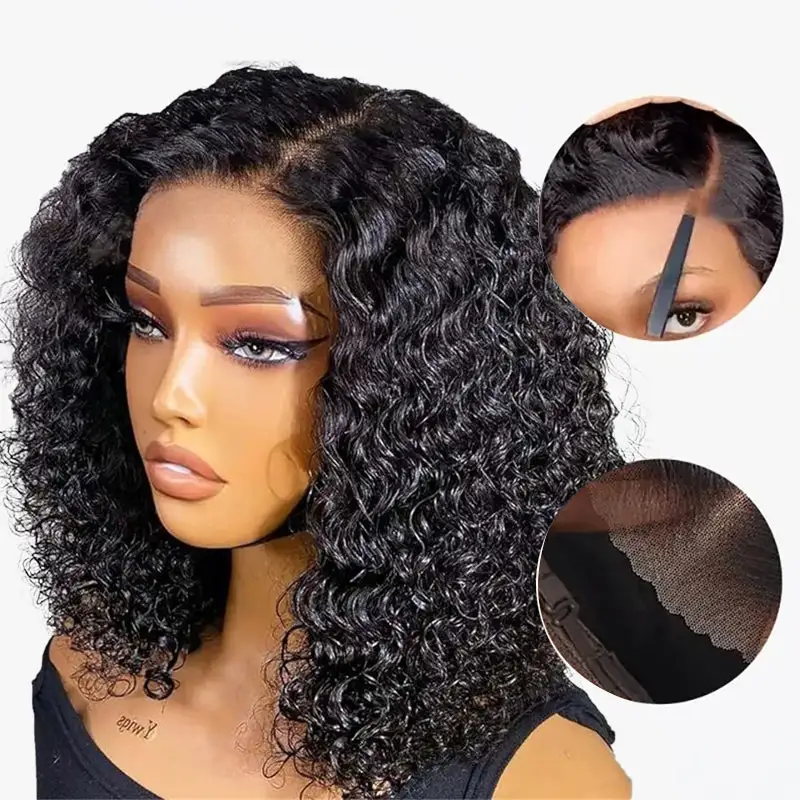Air Bob Curly 7×5/6x6 Bob Pre Cut Lace Pre-pleached Human Hair Glueless Wear Go Wig