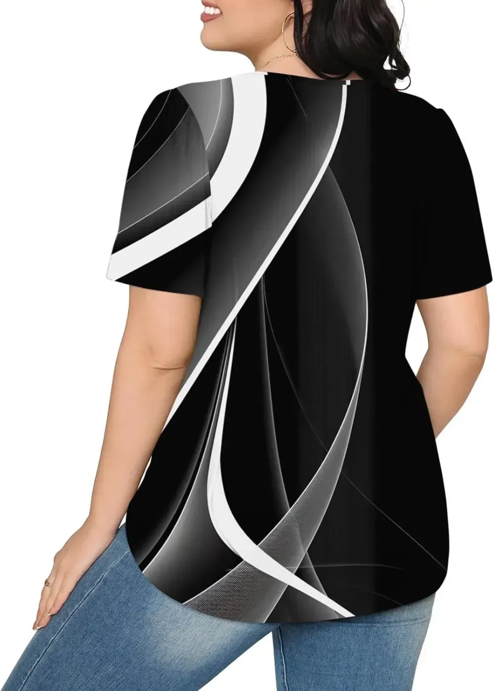 Womens Summer Pleated Front Shirts Tunics Casual Short Sleeved Loose Round Neck Boho Printed Tops Vacation Blouse