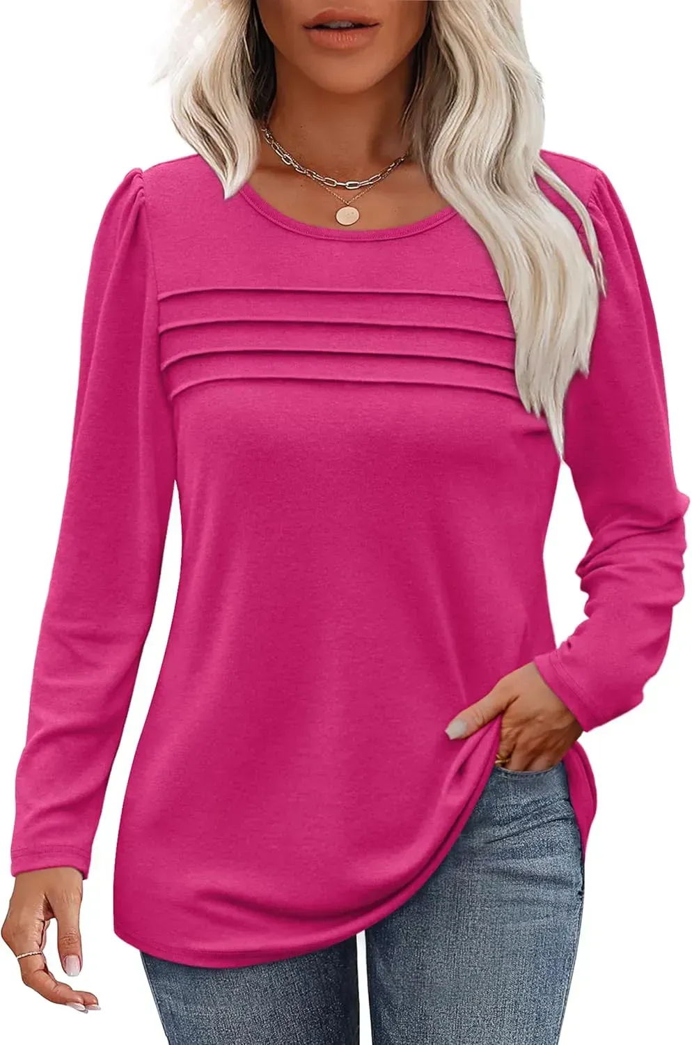 OFEEFAN Long Sleeve Shirts for Women Fall Fashion 2024 Dressy Casual Blouses Trendy Pleated Tunic Tops for Leggings