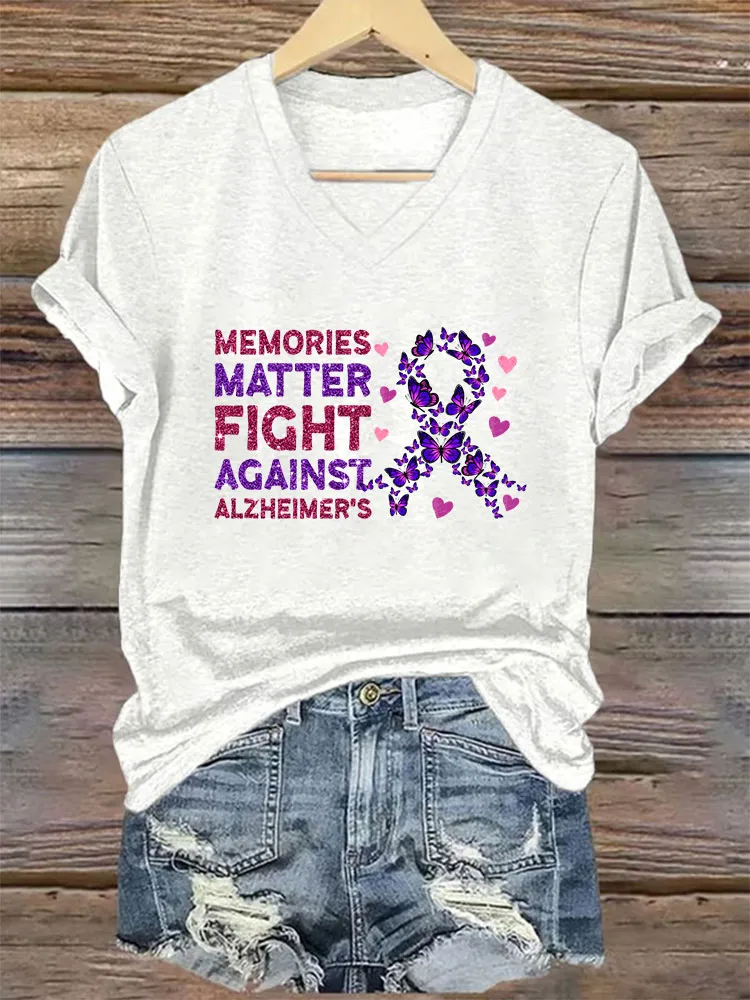 Women's Alzheimer's Print Casual V-Neck T-Shirt