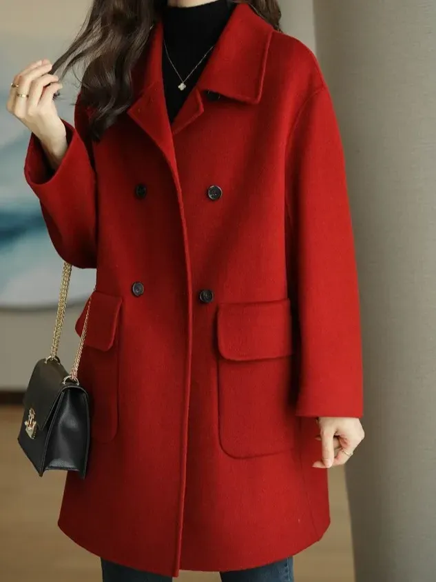 Shawl Collar Long Sleeve Plain Buckle Heavyweight Loose Coat For Women