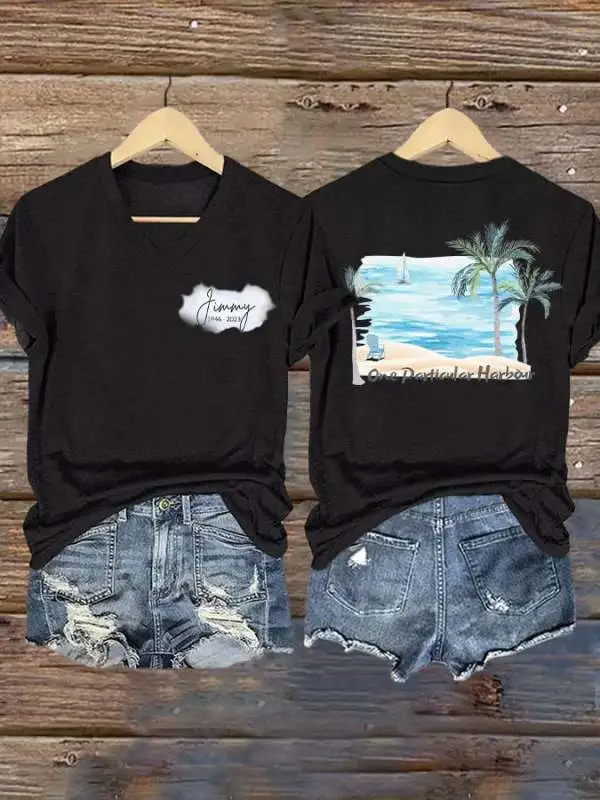 V Neck Retro Harbour Palm Trees Print T-Shirt