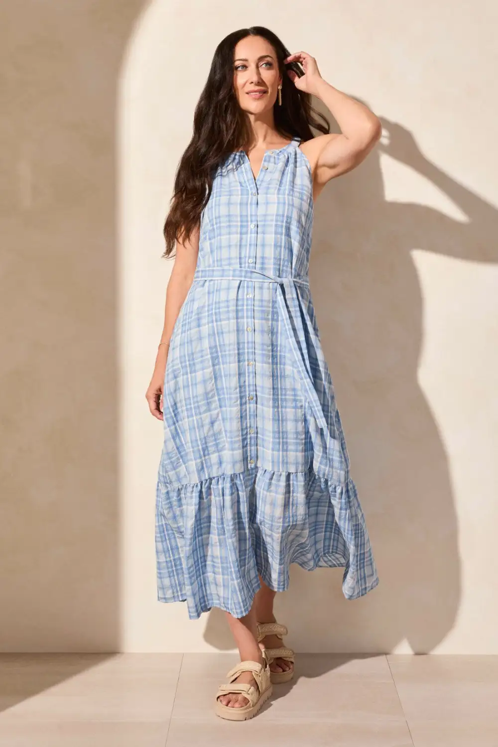 Plaid Voile Halter Dress With Waist Tie-Water