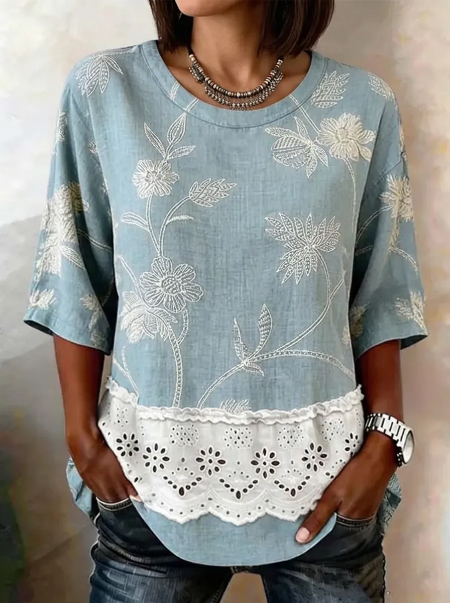 Women's Nashville Floral Embroidery Lace Trim Printed Top