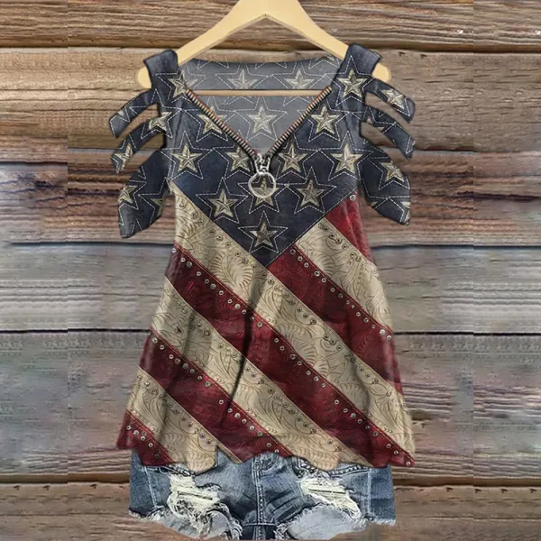 Women's Independence Day Flag Print V-neck T-shirt