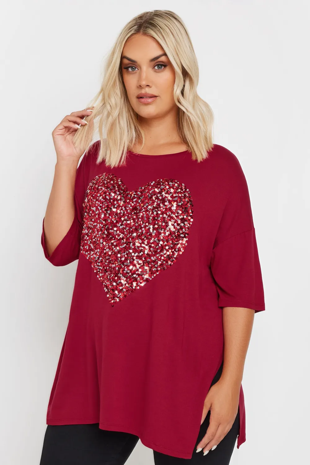 YOURS Curve Red Heart Sequin Embellished T-Shirt