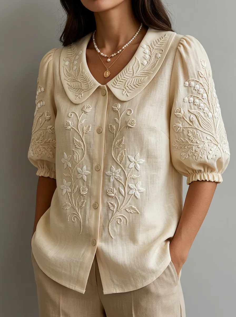 Women's Nashville Floral Embroidery Peter Pan Collar Printed Top