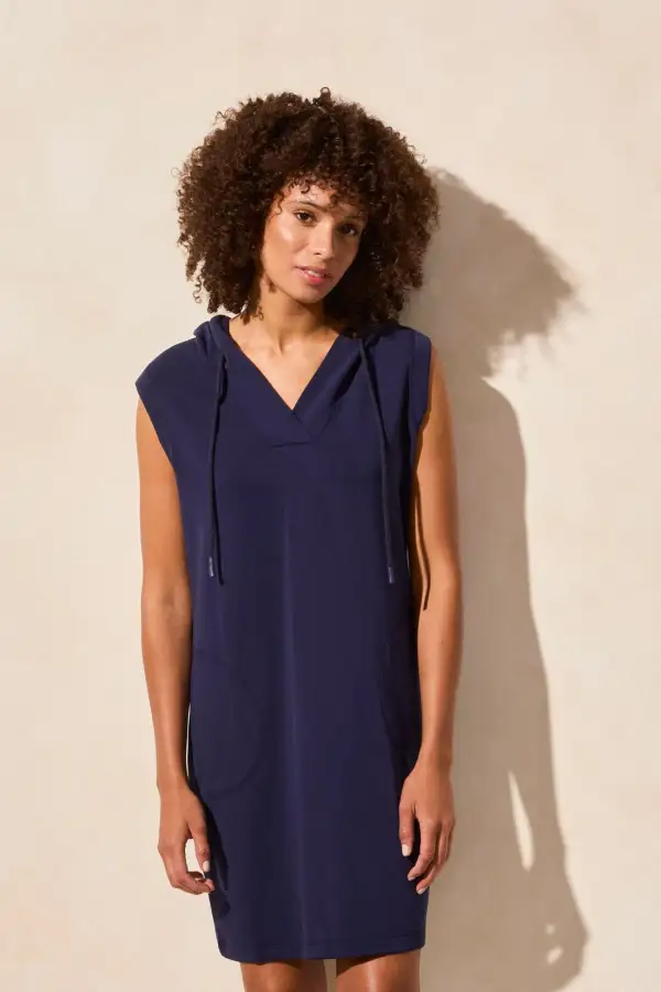 Techno Lux Sleeveless Hooded Dress With Pockets-Jet Blue