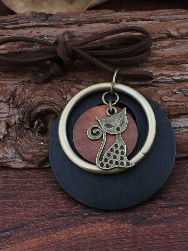 Vintage Wooden Cat Pattern Geometric Pendant Necklace Women Boho Sweater Chain