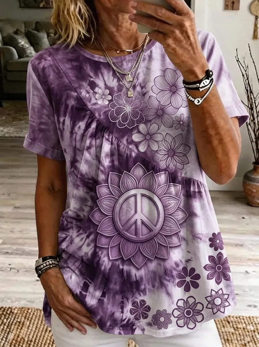 Women's Nashville Peace Sign Floral Tie-Dye Printed T-shirt