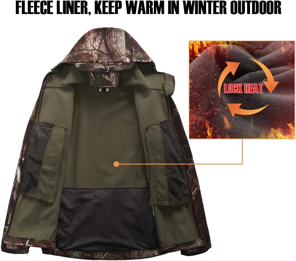 Men's Camo Quiet Hunting Jacket Waterproof Softshell Fleece Lined Camouflage Outdoor Hiking Fishing Coat