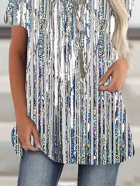 Women Short Sleeve Scoop Neck Striped Sequins Top