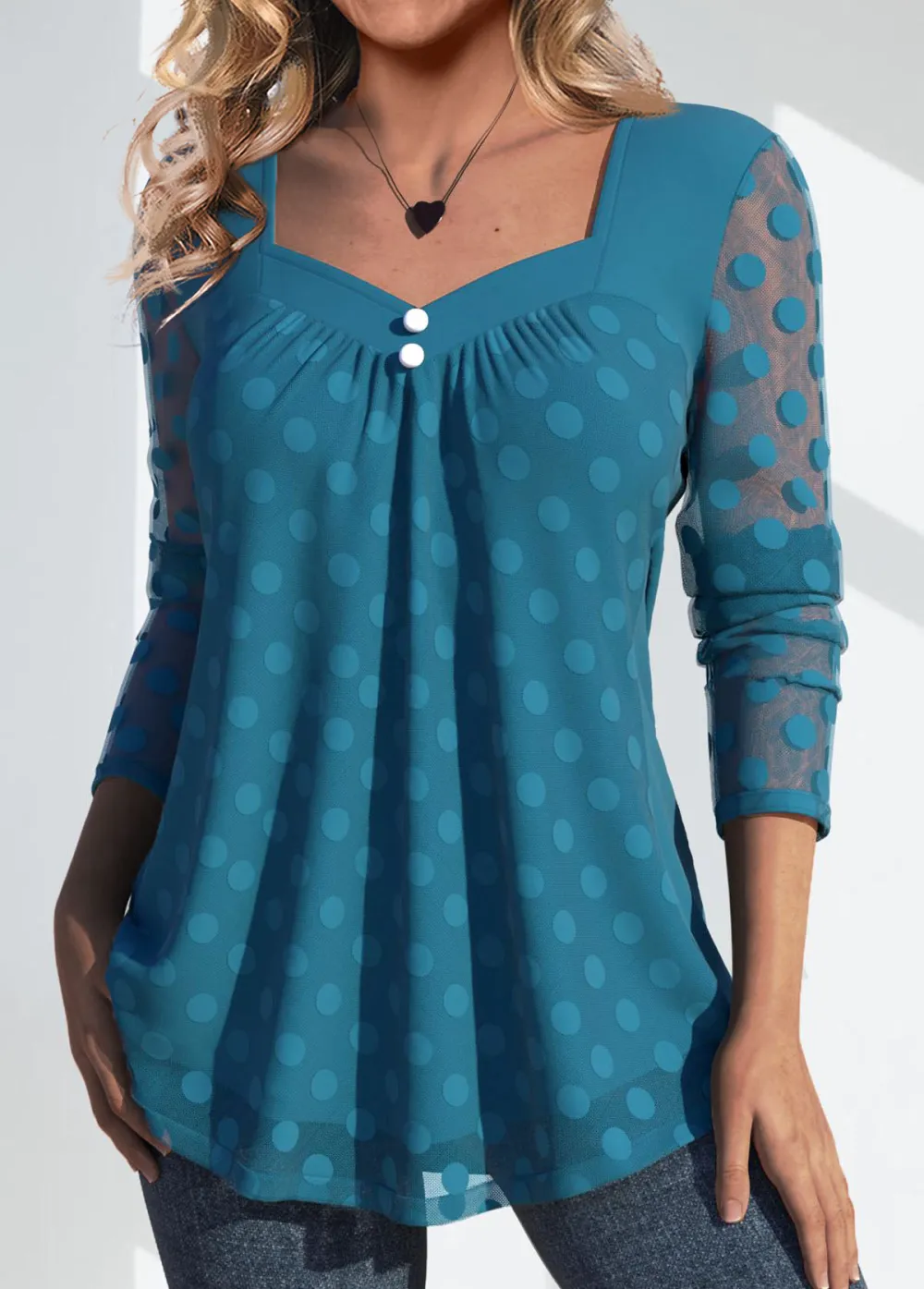 Peacock Blue Mesh Long Sleeve Heart Collar T Shirt