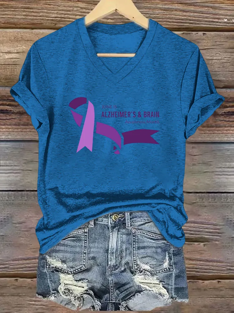 Women's I Will Remember For You Dementia Alzheimer's Disease Awareness Printed V-Neck T-Shirt